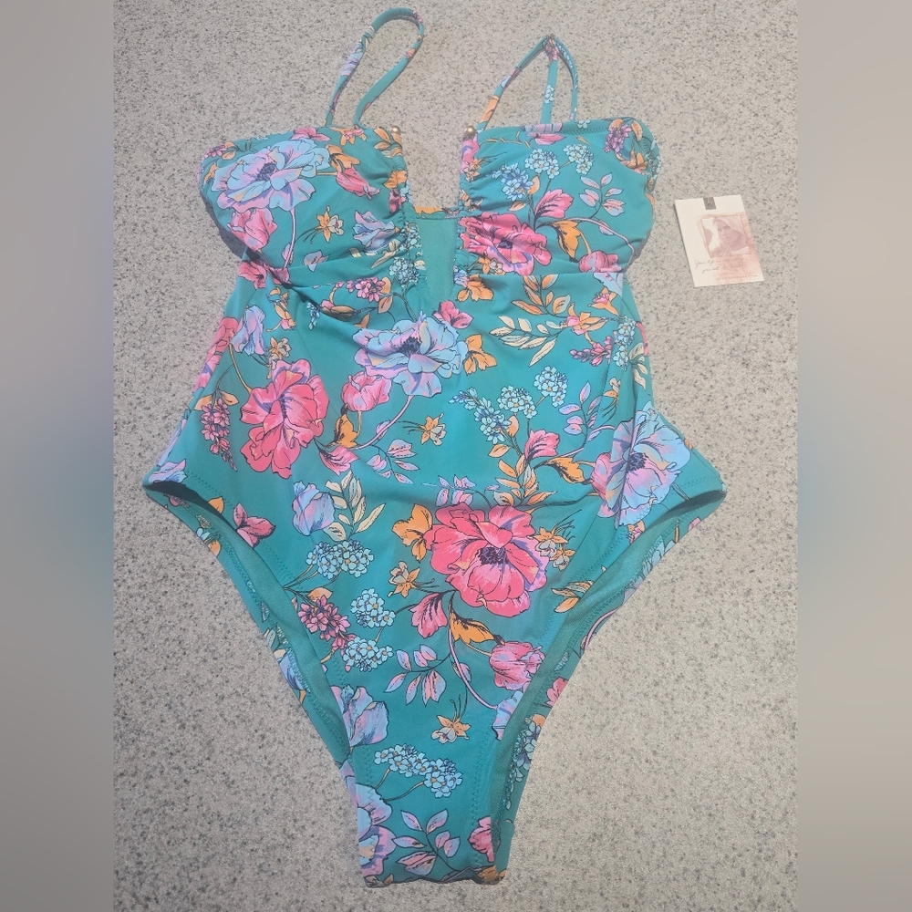 Jessica Simpson Women's One-Piece Swimsuit Size Medium Teal Floral NWT